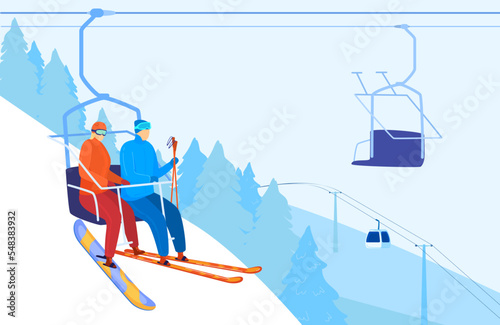 Winter recreation skiing, mountain lift, snow around, outdoor sports, season cold, design, in cartoon style vector illustration.