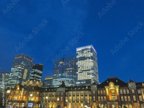 Illuminations shine Japan Night view of Marunouchi Tokyo Station Business Building Winter landscape background