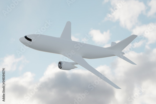 3D Illustration White passenger Aircraft. Airplane flying in afternoon blue cloudy sky