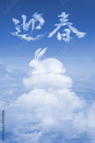 雲で描いた「迎春」の文字を背景に、鏡餅の雲に乗る2023年の干支「兎」 © AGRX