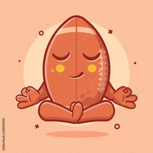 calm rugby ball character mascot with yoga meditation pose isolated cartoon in flat style design