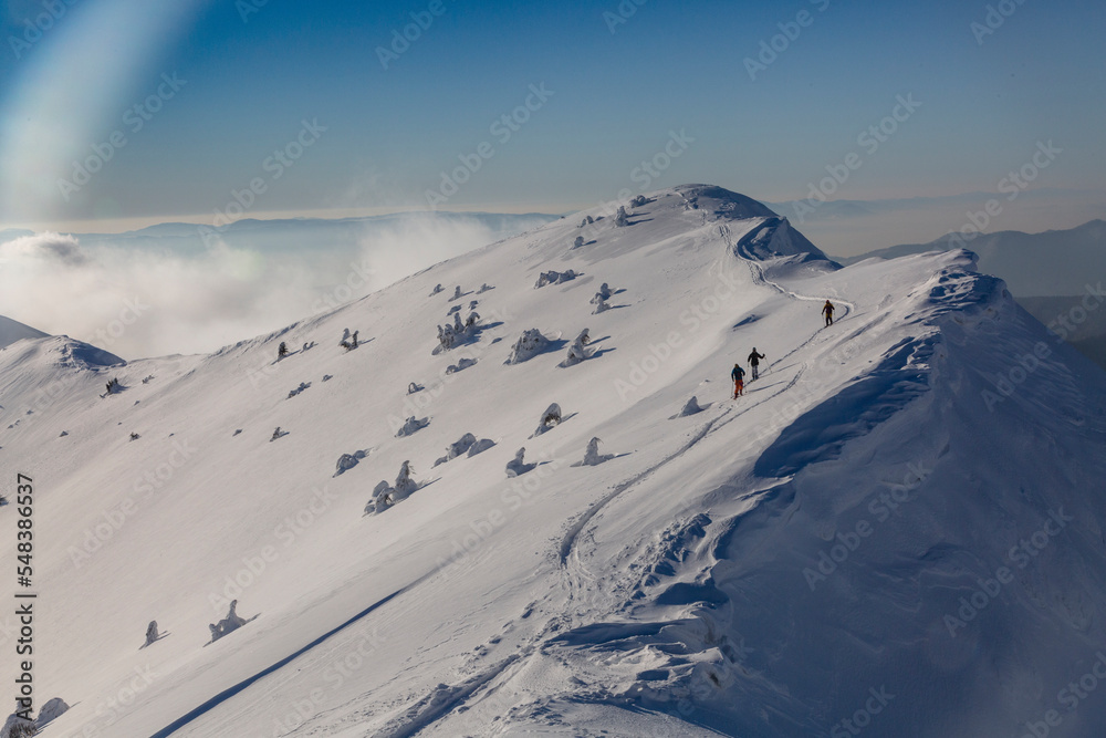 A team of ski mountaineers climbs to the top of a snow-capped mountain on a backcountry terrain