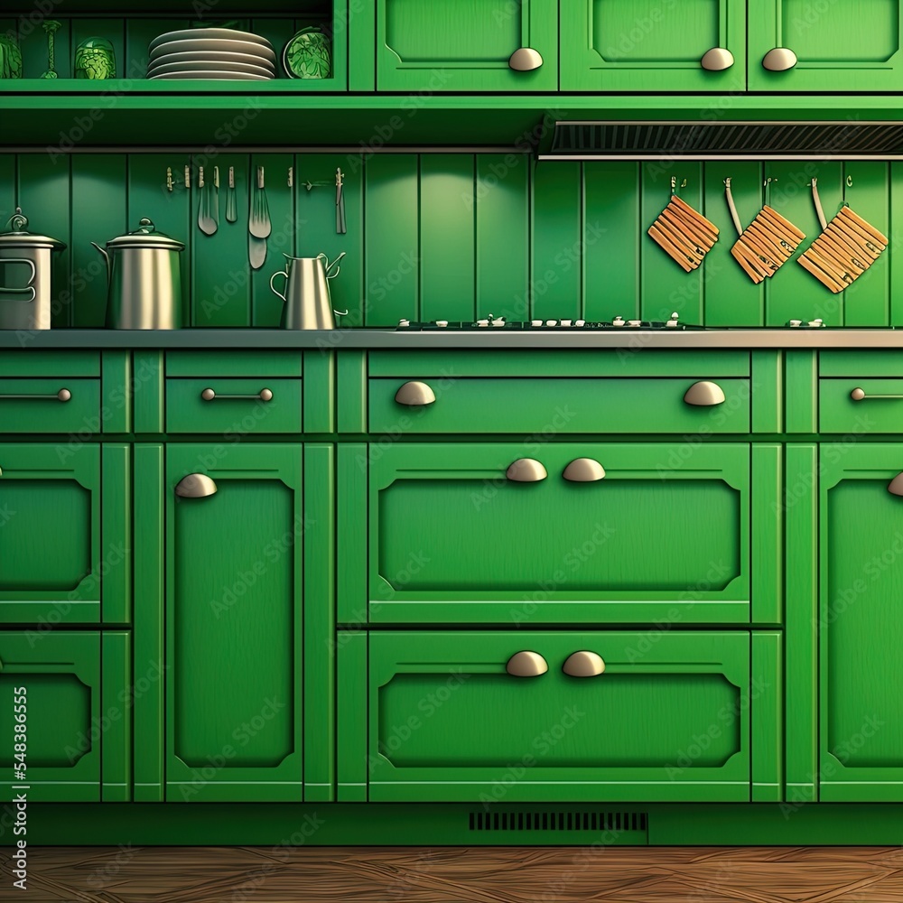 Fototapeta premium Large green kitchen cabinet with many handles closeup