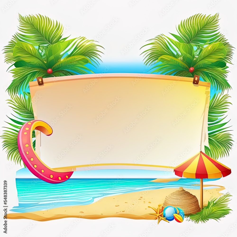Summer beach theme with empty banner isolated on white background