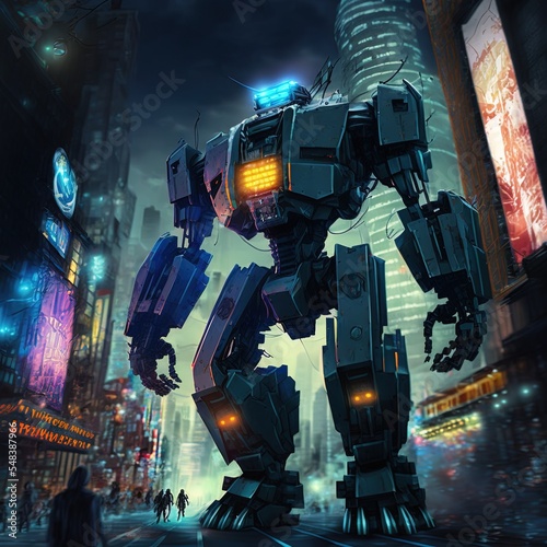 Battle Robot Transformer In Futuristic Night City