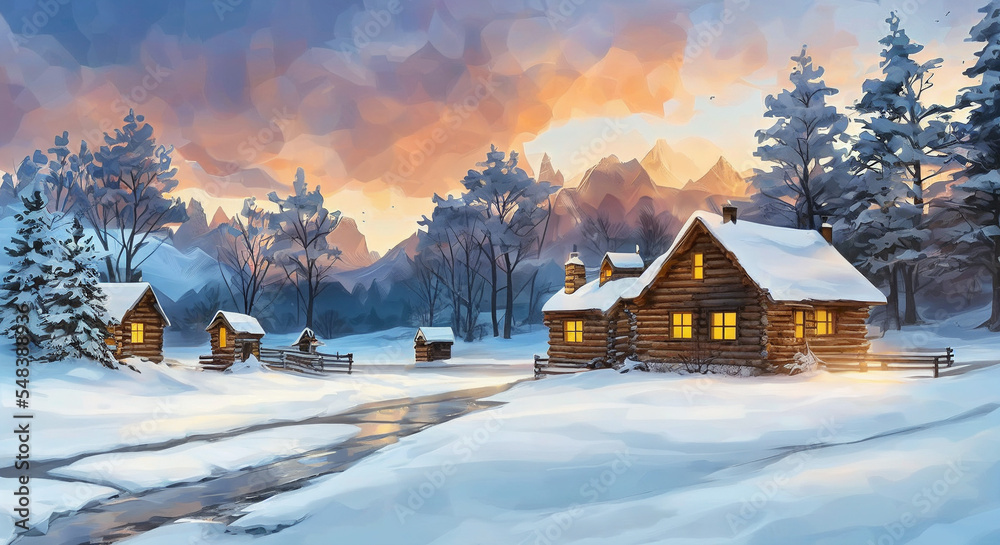 Fototapeta premium winter landscape with house and snow digital ilustration of house in winter forest, a cosy cabin in the snow with warm lights from inside