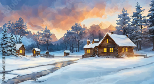 Fotografering winter landscape with house and snow digital ilustration of house in winter fore