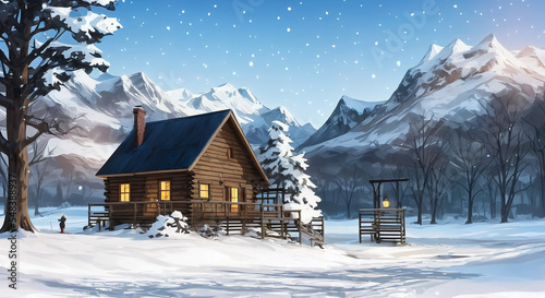 winter landscape with house and snow digital ilustration of house in winter forest, a cosy cabin in the snow with warm lights from inside © Boris