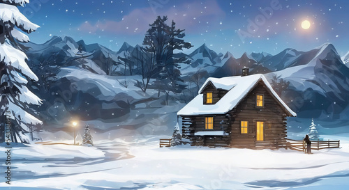 winter landscape with house and snow digital ilustration of house in winter forest, a cosy cabin in the snow with warm lights from inside © Boris
