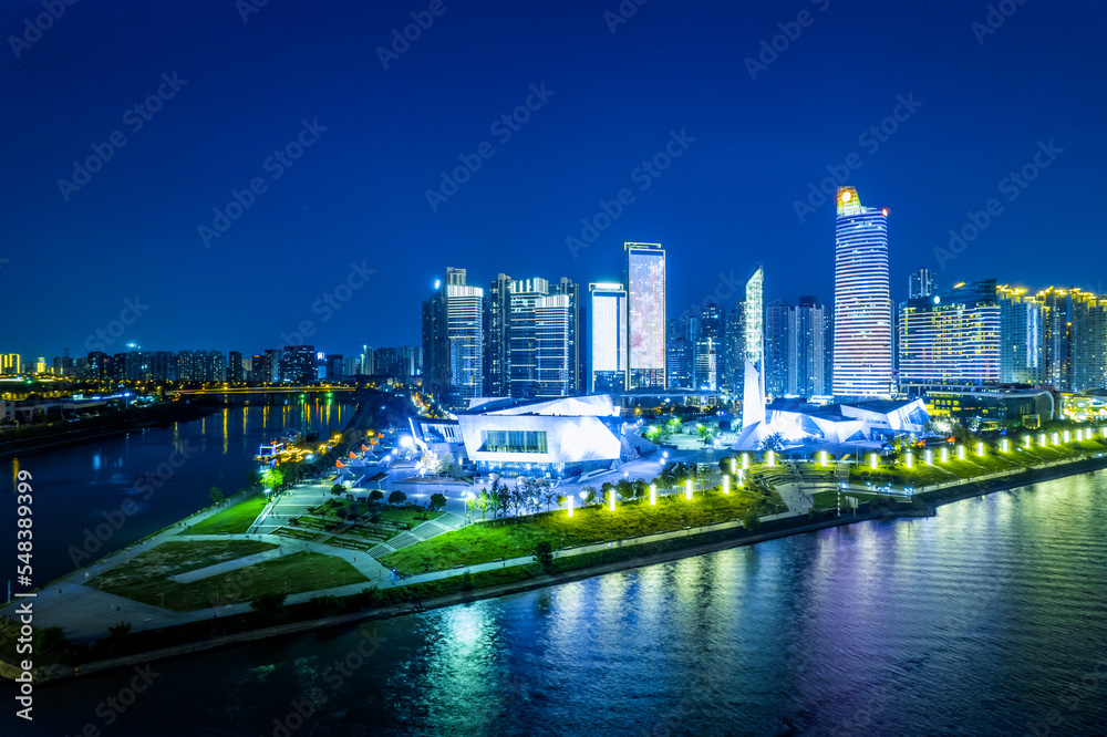 Fototapeta premium Night view of buildings in Beichen Delta, Changsha, Hunan, China