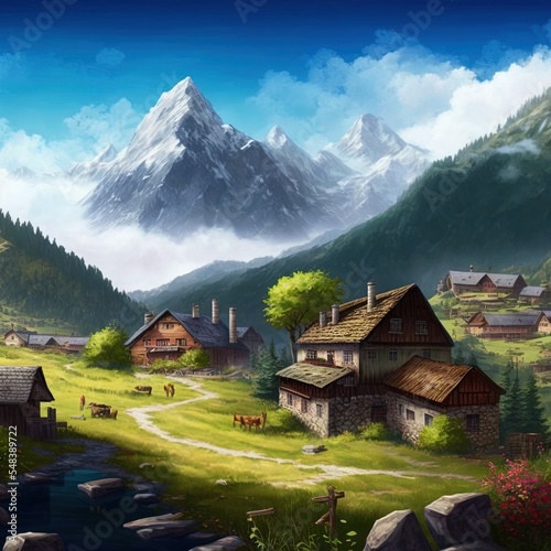Summer Landscape With Mountain Village Houses