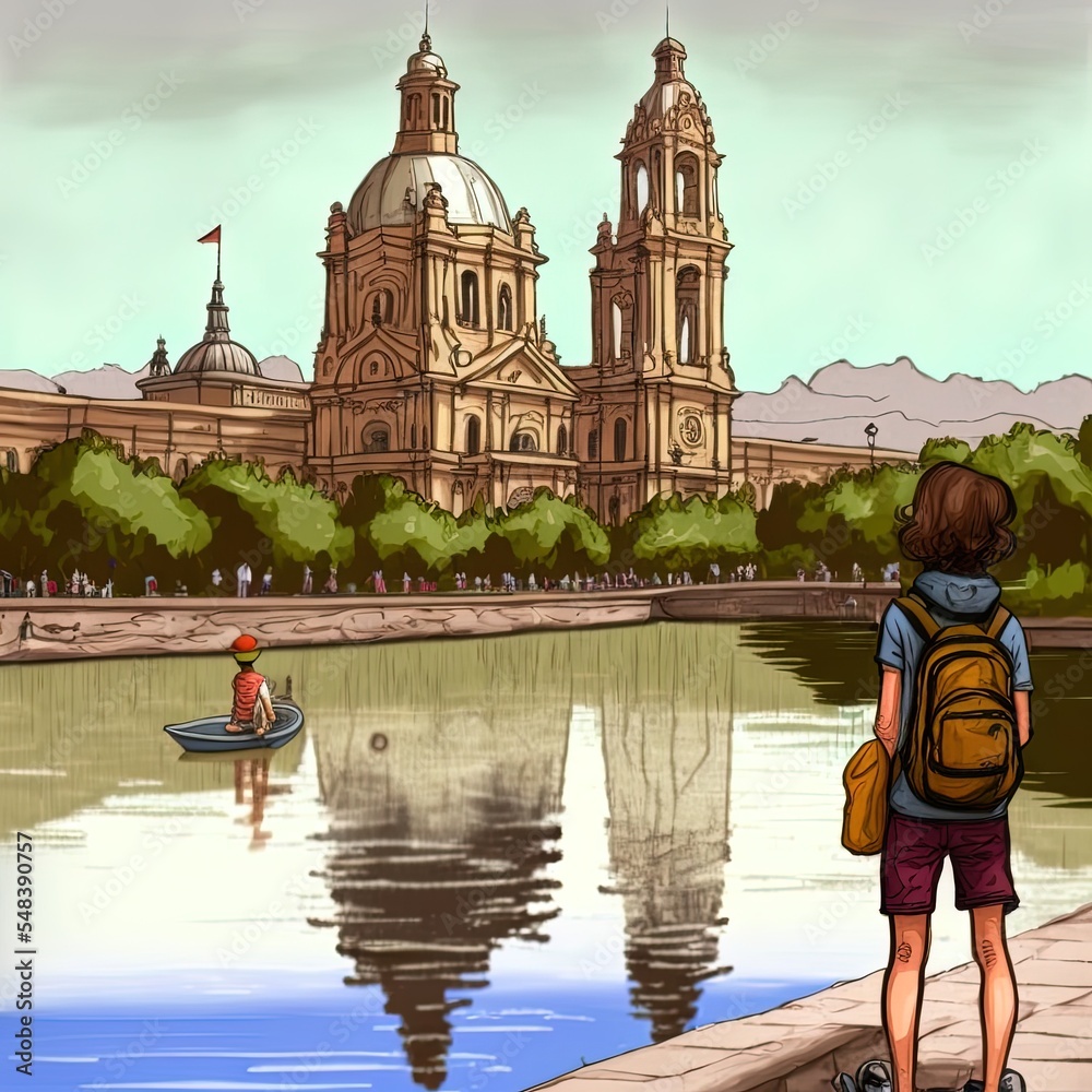 Obraz premium A young tourist visiting the basilica of nuestra senora del pilar from the ebro river