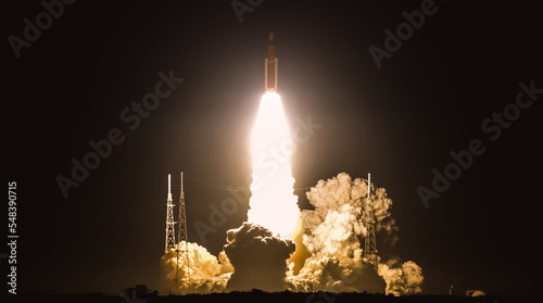 Space Launch of Orion spacecraft rocket blasting into space. The elements of this image furnished by NASA.