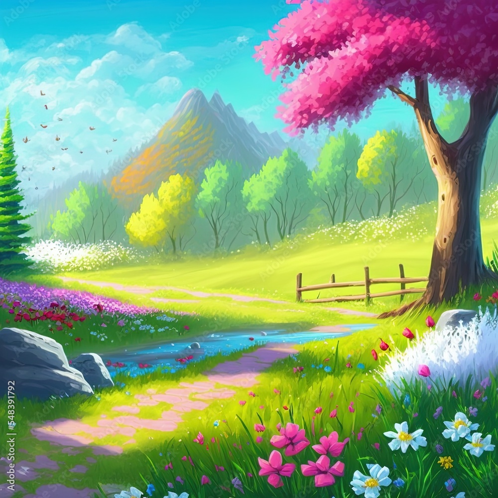 Beautiful nature spring landscape with blooming flowers