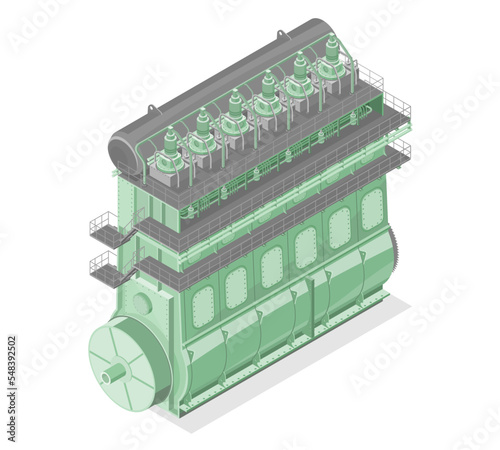 Ship marine big diesel engine motor isometric for engineering maintenance service work white isolated vector