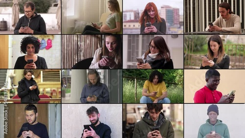 Multiscreen of people using mobile phone. Young people texting with smartphone photo