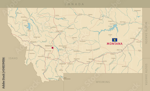 Road map of Montana  US American federal state. Editable highly detailed transportation map of Montana with highways and interstate roads  rivers  lakes and cities vector illustration