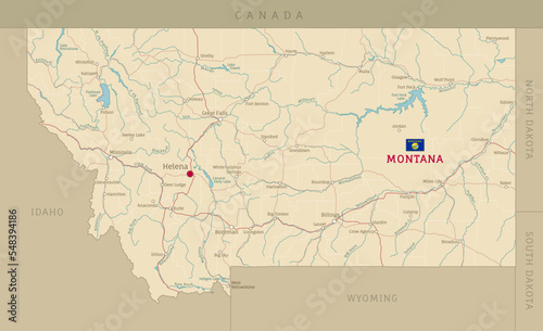 Road map of Montana, US American federal state. Editable highly detailed transportation map of Montana with highways and interstate roads, rivers, lakes and cities vector illustration