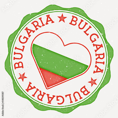 Bulgaria heart flag logo. Country name text around Bulgaria flag in a shape of heart. Elegant vector illustration.