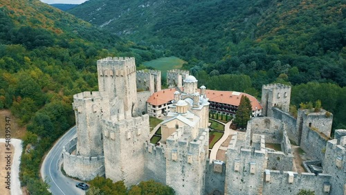 Serbian Monastery Manasija Drone Aerial View photo