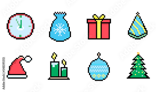 Pixel set of chrsitmas and new year icons decor