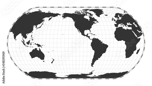 Vector world map. Natural Earth projection. Plan world geographical map with latitude longitude lines. Centered to 120deg E longitude. Vector illustration.