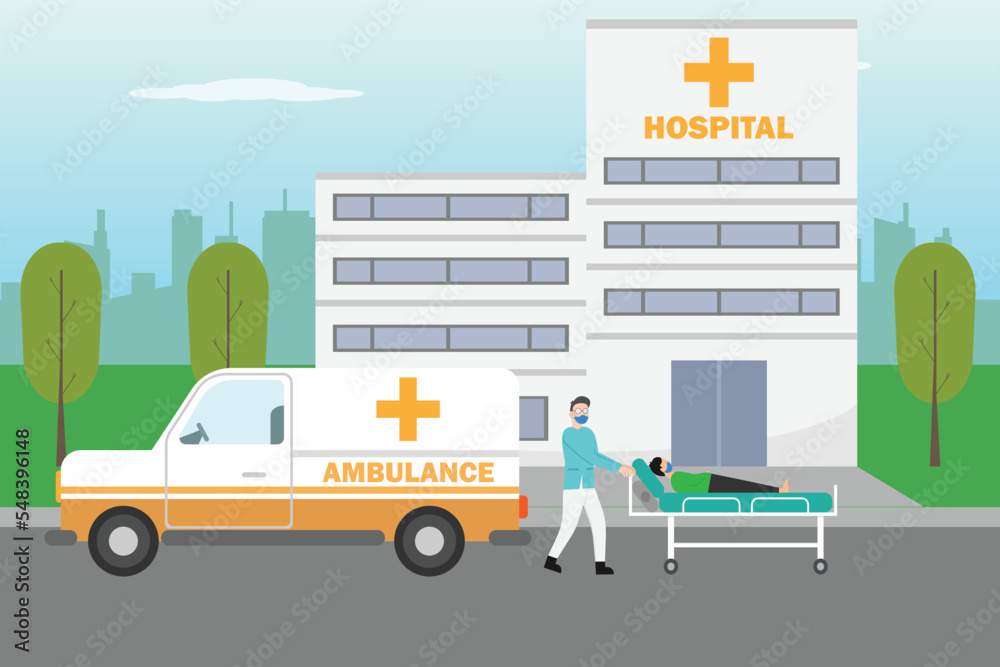 Male paramedic carrying a patient with a stretcher at the hospital