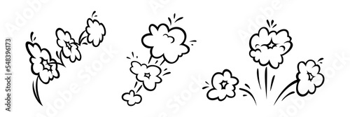 Comic boom effect clouds. Set of explosion bubbles and smoke. Vector illustration isolated on white background