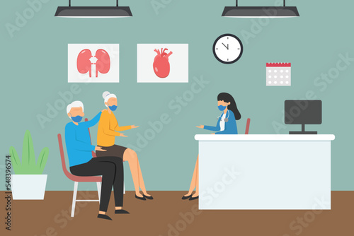Senior couple in face mask talking with doctor