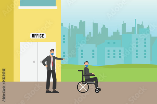 Bullying vector concept: Disabled man is fired by his boss in the office while sitting on the wheelchair