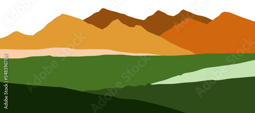 Mountain panoramic and grass field flat style banner background design. © Hero Design