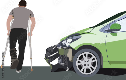 car crash accident side impact illustration for car insurance isolated on transparent png background. An injured man uses a cane while walking