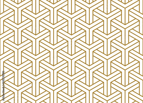 Overlapping 3d cube corners weaving pattern in gold color outline, PNG transparent background