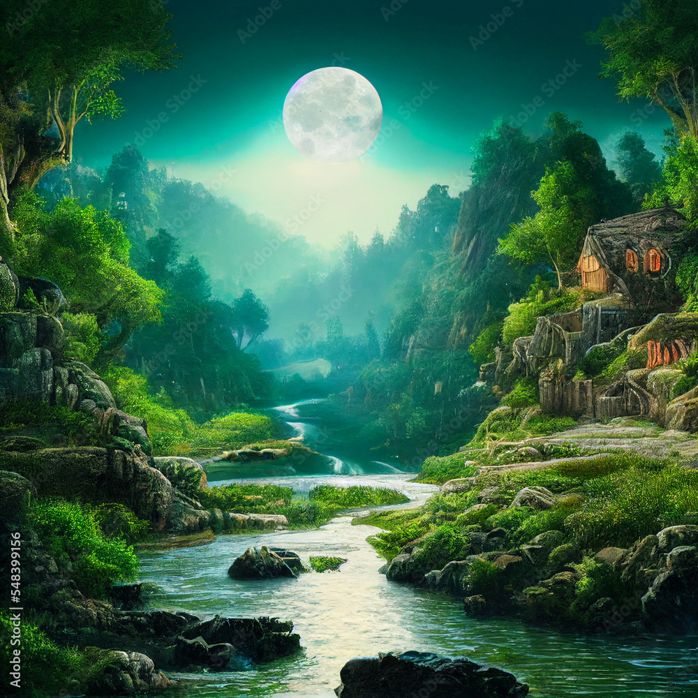 Natural River Flow with Rocks and Beautiful Full Moon Night and Green