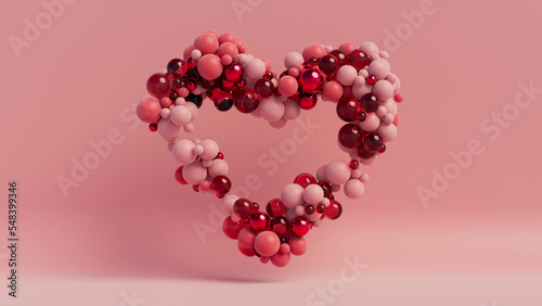 Multicolored Sphere Love Heart. Pink, Red Glass and Red Metallic Spheres arranged in a heart shape. 3D Render.  photo