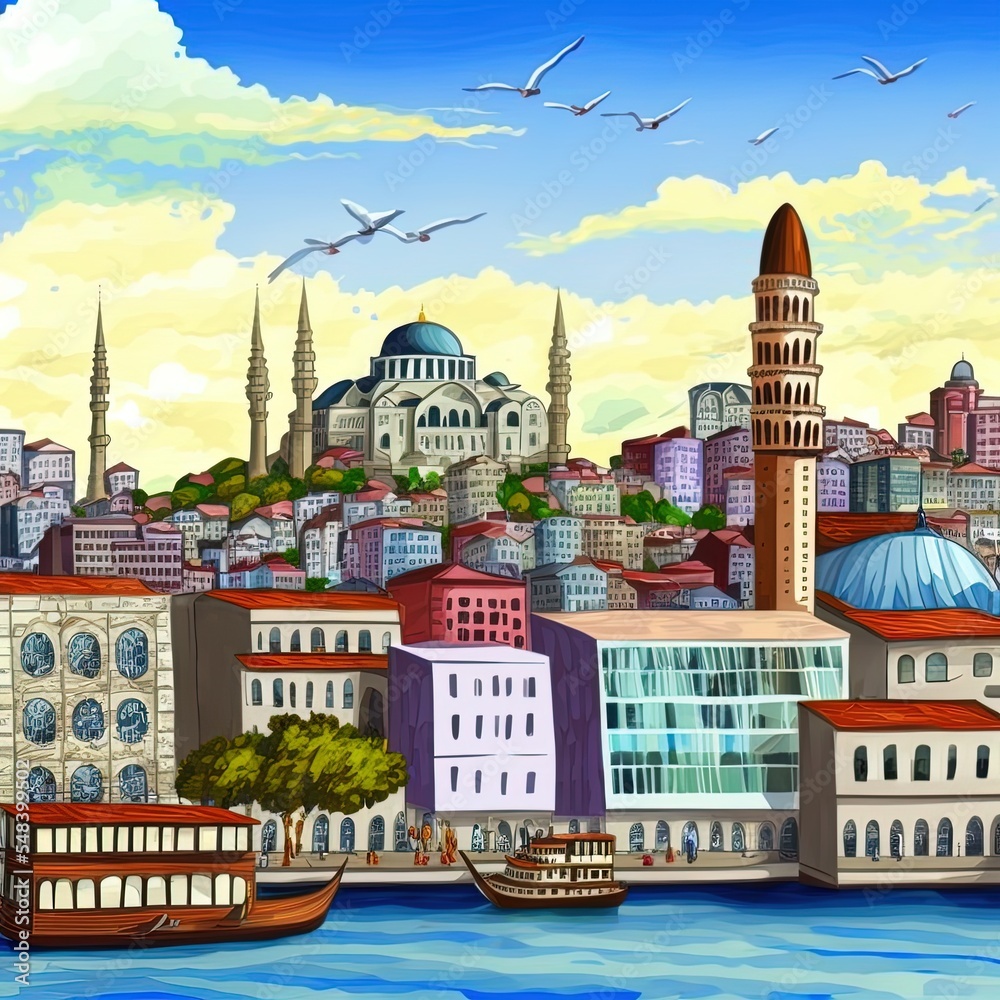 The cityscape with ancient and modern buildings in istanbul turkey from the bosphorus strait on a sunny day with background cloudy sky
