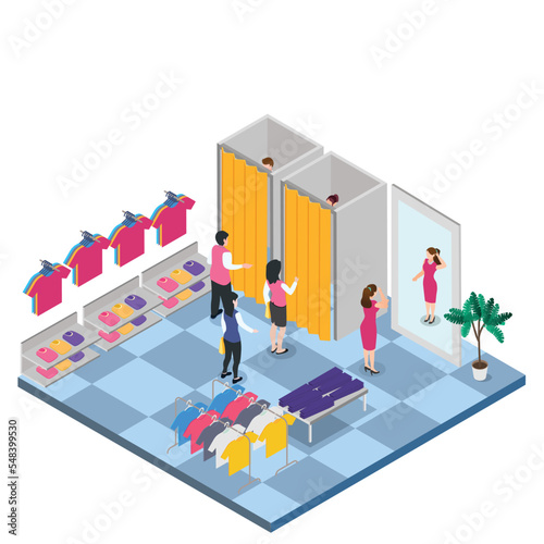 People waiting in line to try clothes in fitting rooms 3d isometric