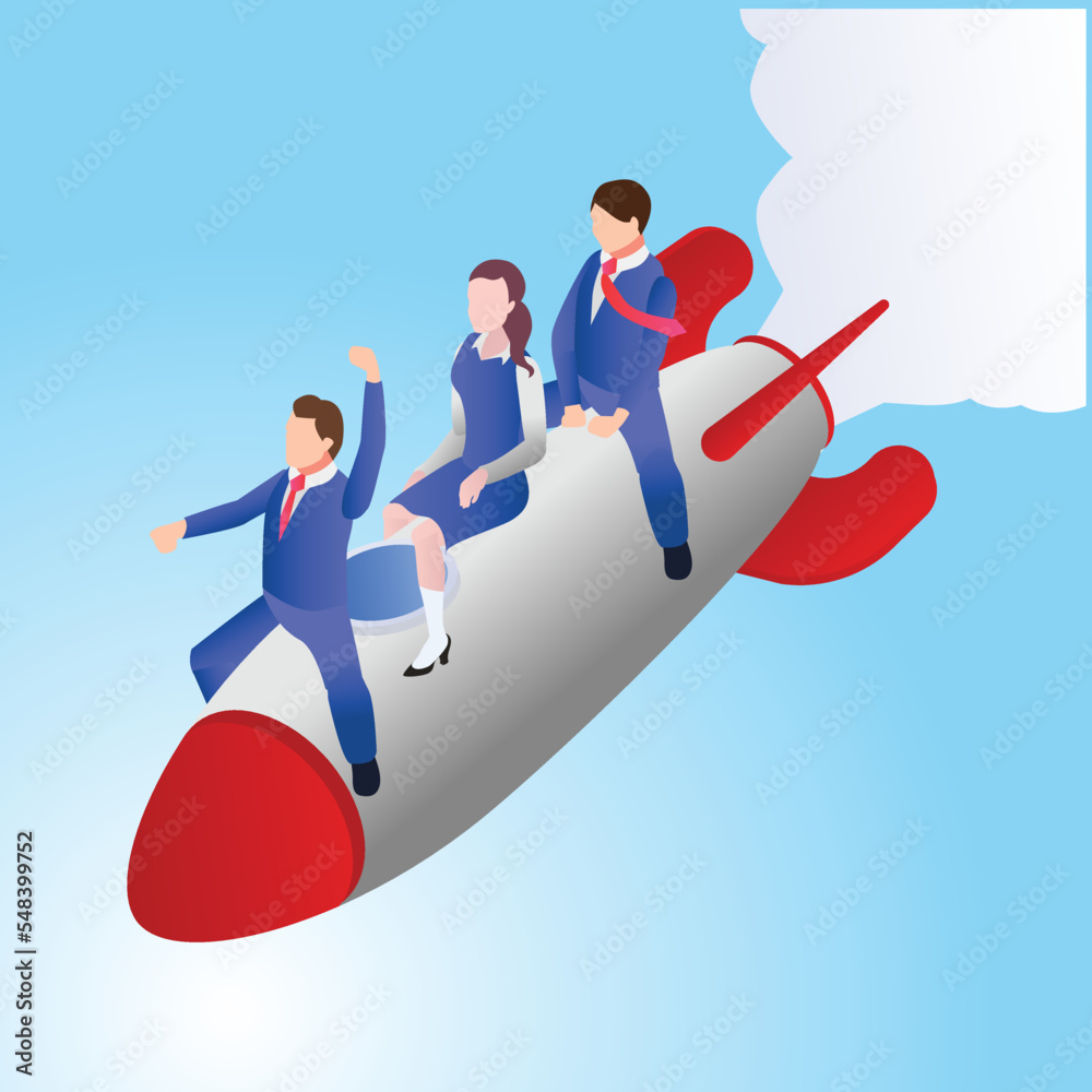 Business team flying on a rocket 3d isometric