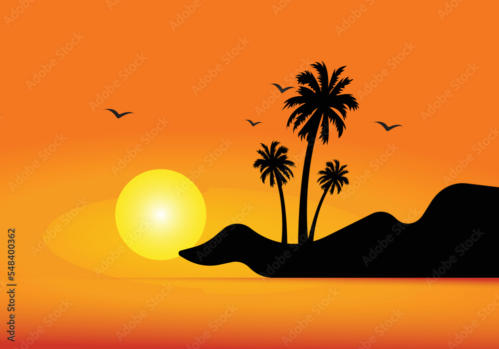 palm tree, sun, birds, and mountain victor landscape