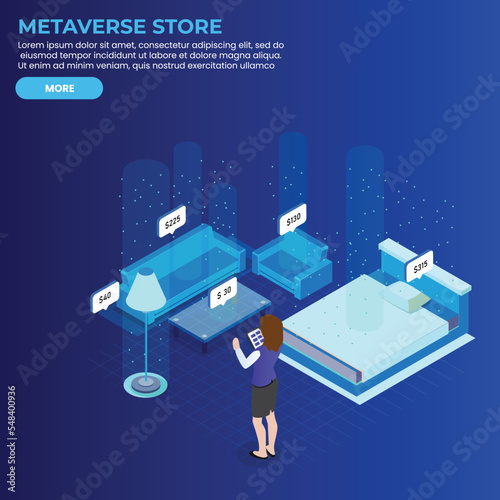 Woman shops furniture in a metaverse virtual reality store 3d isometric