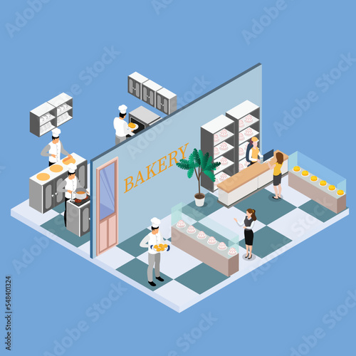 Bakery kitchen and bakery store 3d isometric