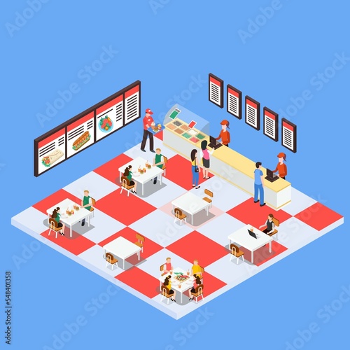 Fast food sandwich restaurant 3d isometric