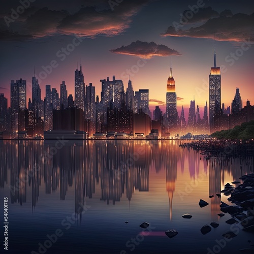 Manhattan Skyline At Dusk, New York, United States