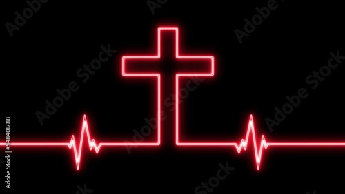 Animation of the cross of Jesus Christ illuminated with red neon. Cross of Jesus and Electrocardiogram in animation. Religious video, Gospel of Jesus. The blue cross with a black background. Peace photo