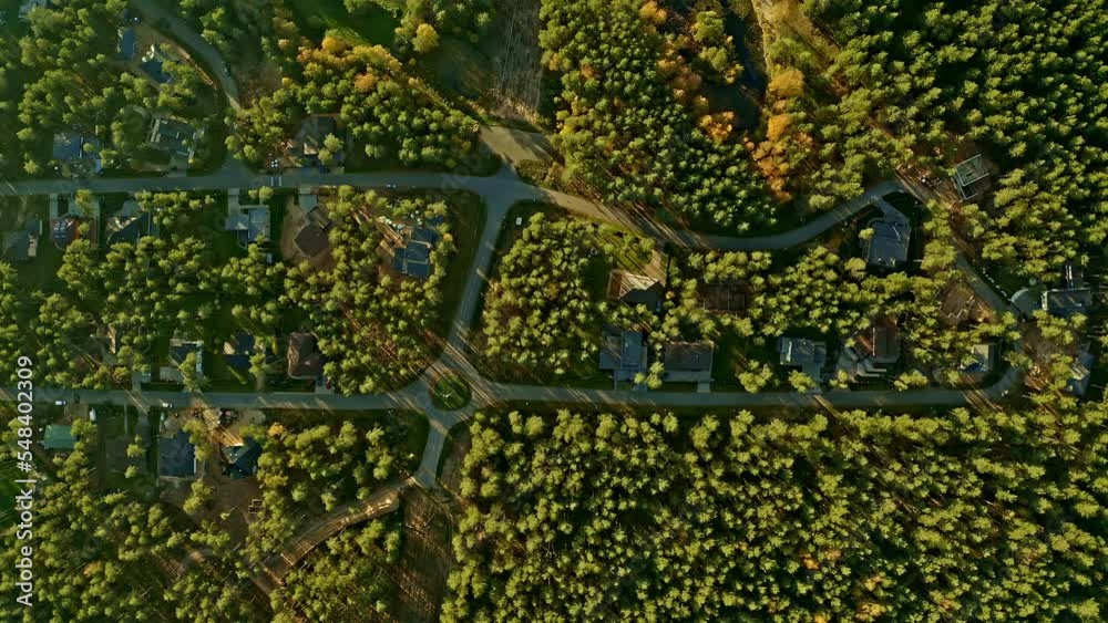 Aerial top down sideways view of green residential area of Baltezers village in Latvia Aerial top down sideways view of green residential area of Baltezers village in Latvia
