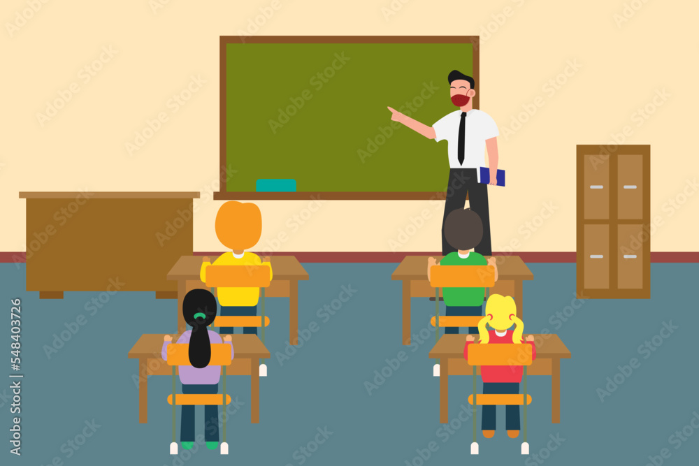 teacher and student in classroom, flat design illustration teacher and student in classroom, flat design illustration