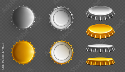 Beer bottle caps, gold and silver lids for glass containers top, bottom and front view. Realistic covers set for alcohol drink, lemonade, soda beverage 3d vector illustration, mock up for advertising