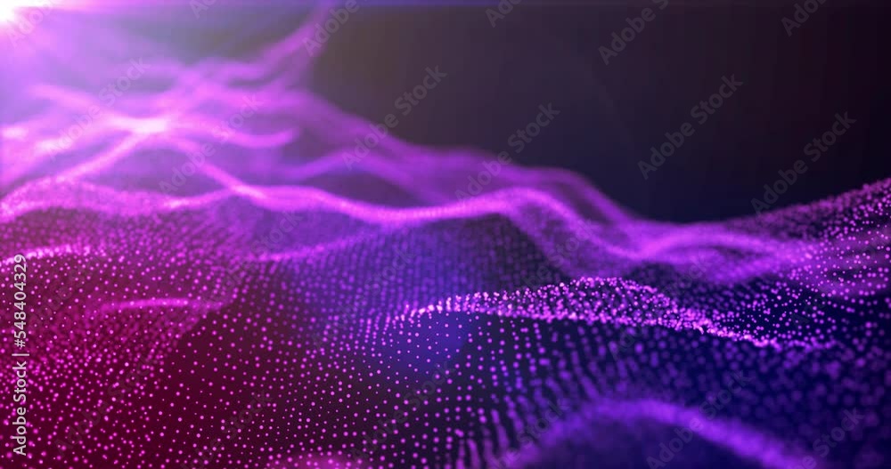 Futuristic abstract purple glowing wave lines from dots and particles of shining pixels magical energy glowing neon in sunbeams. Abstract background. Screensaver, video in high quality 4k