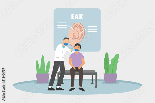 Ear problem vector concept : Young doctor examining patient' ear in the clinic while wearing face mask, new normal