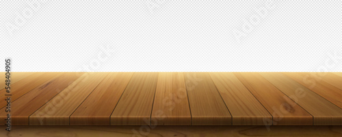 Wooden table top, shelf or counter surface isolated on transparent background. Empty desk, beach floor from brown wood planks, pier or deck, vector realistic illustration